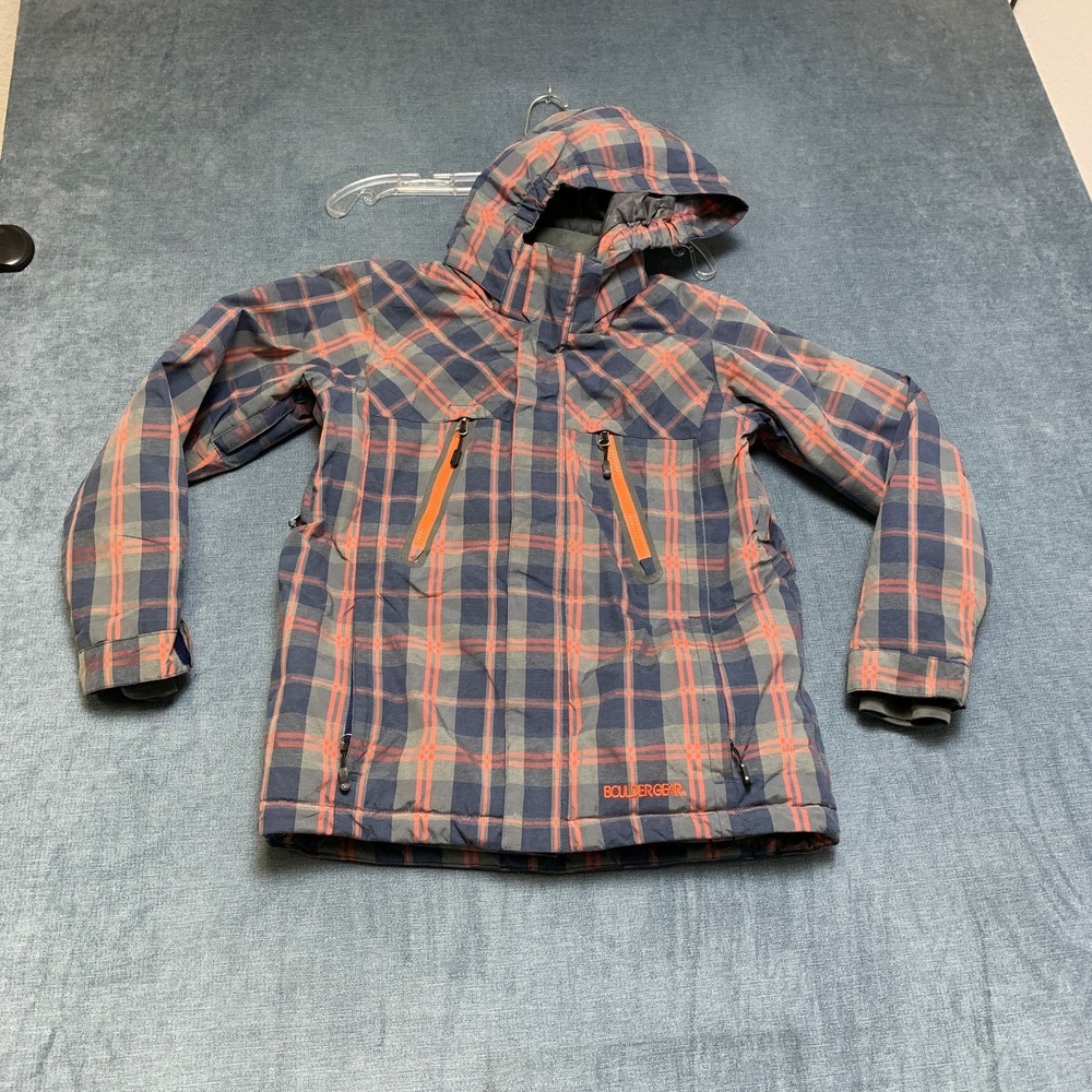 Boulder Gear Jacket Mens Blue Orange Plaid Hooded Long Sleeve Winter Pockets